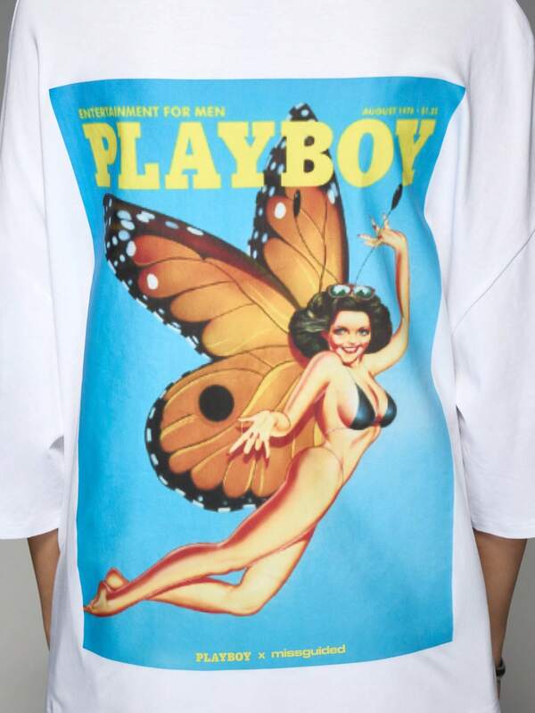 Missguided Missguided X Playboy Magazine Cover Graphic Print On Back Round Neck Drop Shoulder Boxy Sleeve Jersey T-Shirt