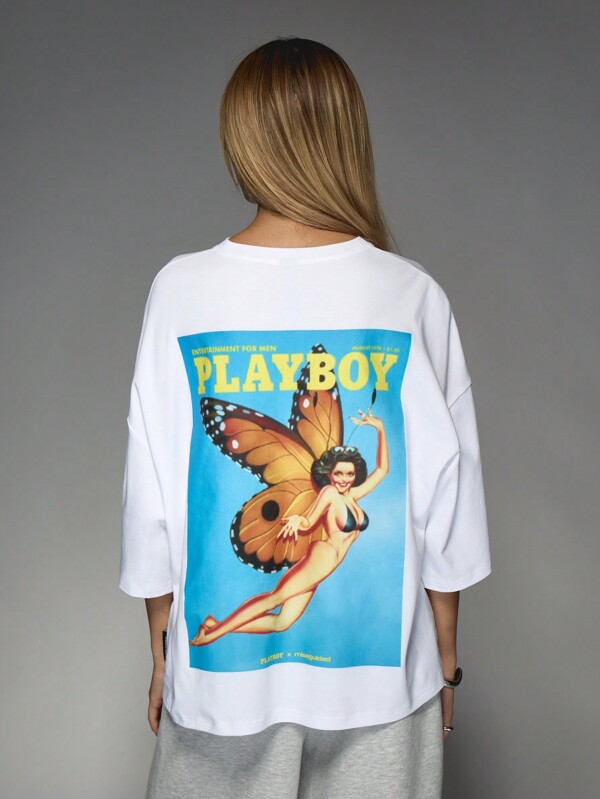 missguided Missguided x Playboy Magazine Cover Graphic Print On Back Round Neck Drop Shoulder Boxy Sleeve Jersey T-Shirt