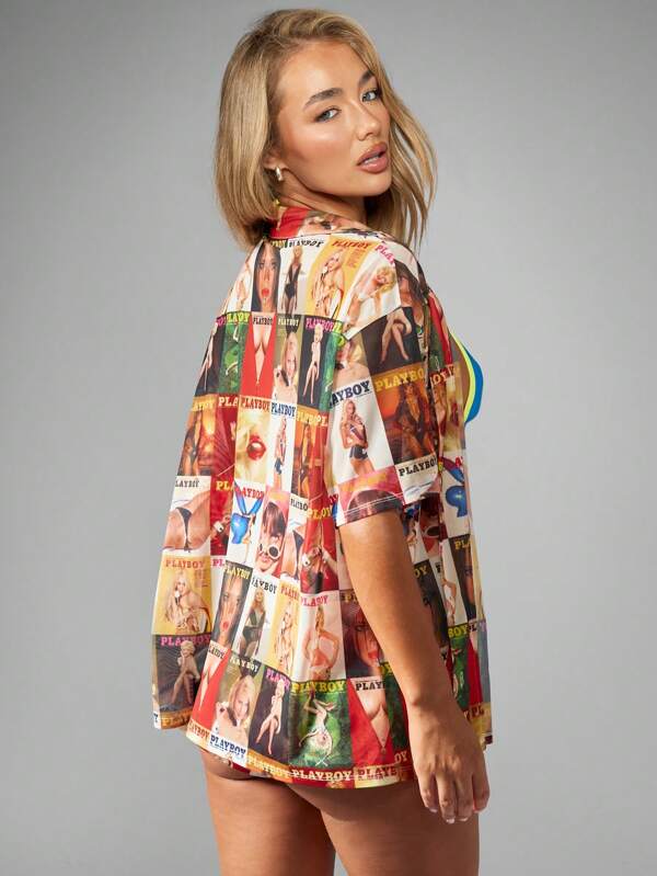 Missguided Missguided X Playboy Magazine Print Button Up Short Sleeve Mesh Oversized Blouse