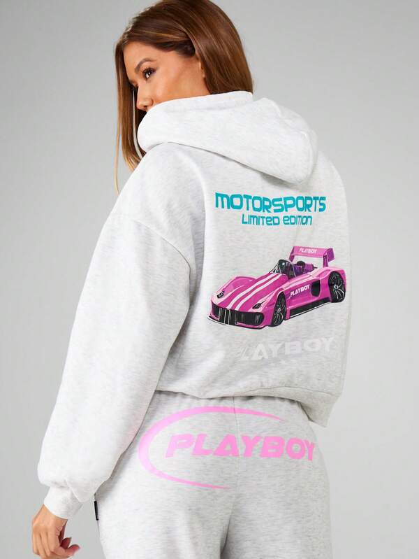 missguided Missguided x Playboy Marl Hoodie With Motorsports Print
