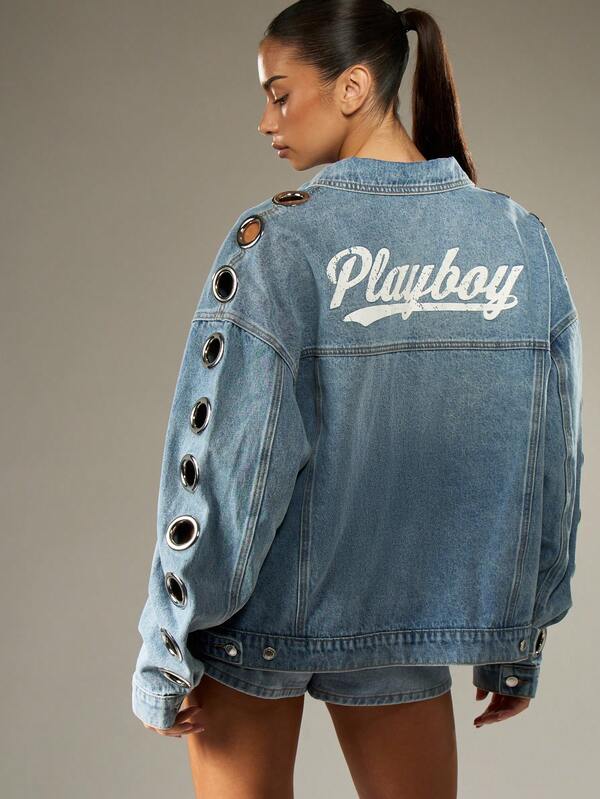 Missguided Missguided X Playboy Medium Wash Denim Jacket With Metal Eyelets And Logo