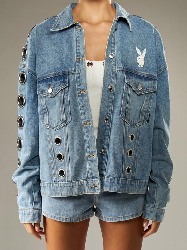 Missguided Missguided X Playboy Medium Wash Denim Jacket With Metal Eyelets And Logo