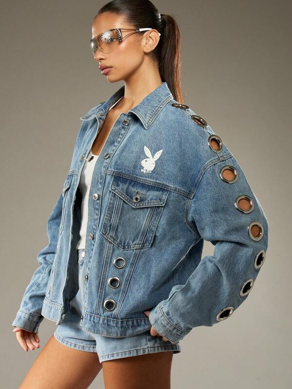 missguided Missguided x Playboy Medium Wash Denim Jacket With Metal Eyelets And Logo