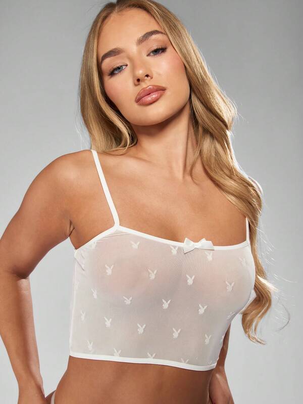 Missguided Missguided X Playboy Mesh Bralette And Thong With Bunny Print