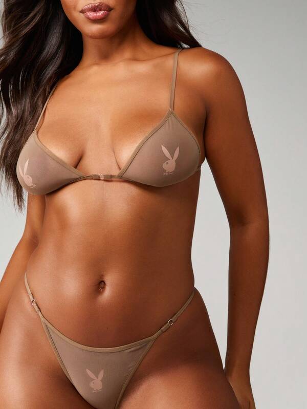 missguided Missguided x Playboy Mesh Bralette And Thong With Bunny Logo