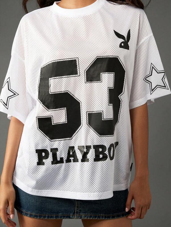 Missguided Missguided X Playboy Mesh Jersey T-Shirt With Varsity Number And Star Detail