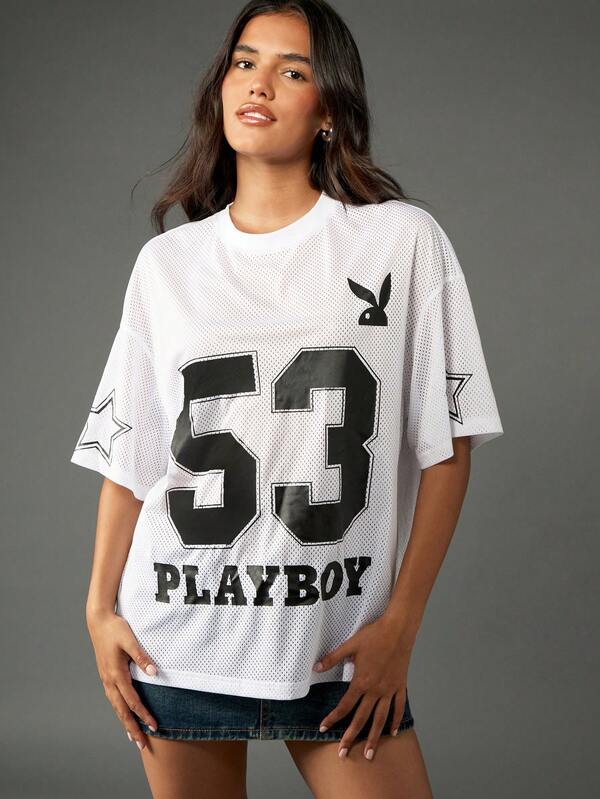 Missguided Missguided X Playboy Mesh Jersey T-Shirt With Varsity Number And Star Detail