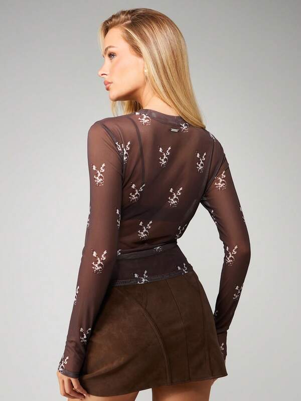Missguided Missguided X Playboy Mesh Long Sleeve Top With Bunny Head Print