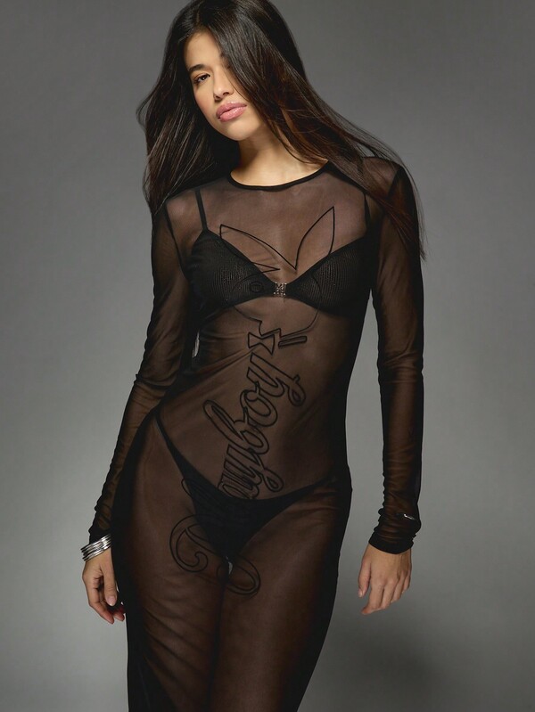 Missguided Missguided X Playboy Mesh Sheer See-Through Long Sleeve Maxi Dress