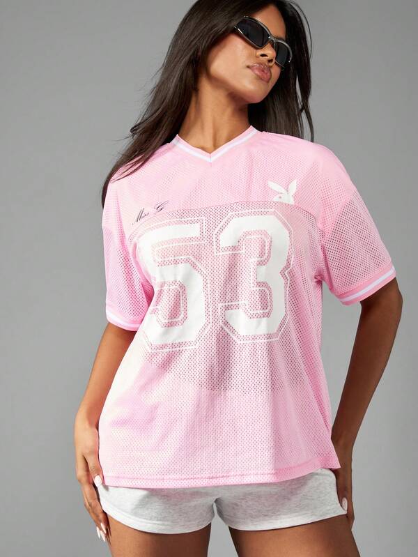 Missguided Missguided X Playboy Mesh Sports Jersey Athletic Oversized T-Shirt