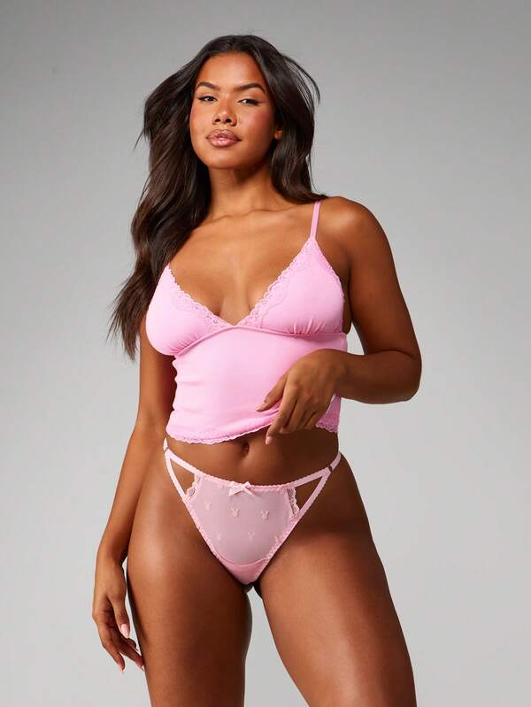 Missguided Missguided X Playboy Mesh Thong Panties With Lace Trim And Bunny Logo