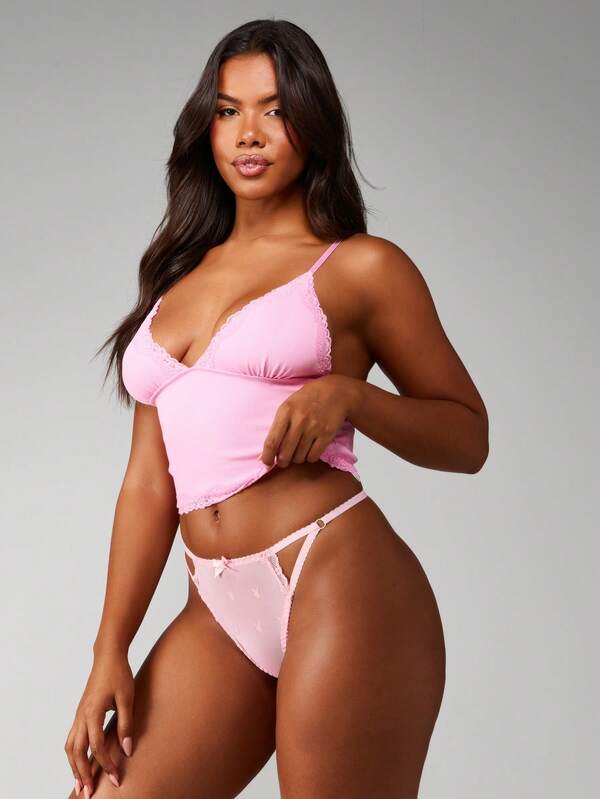 Missguided Missguided X Playboy Mesh Thong Panties With Lace Trim And Bunny Logo