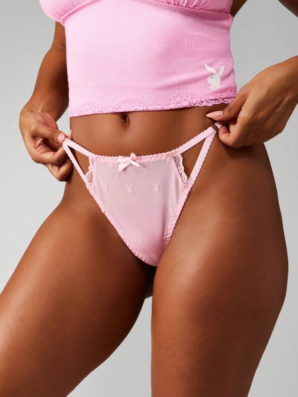 missguided Missguided x Playboy Mesh Thong Panties With Lace Trim And Bunny Logo