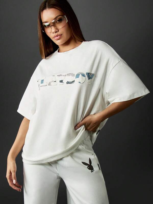 missguided Missguided x Playboy Metallic Logo Oversized T-Shirt With Bunny Print