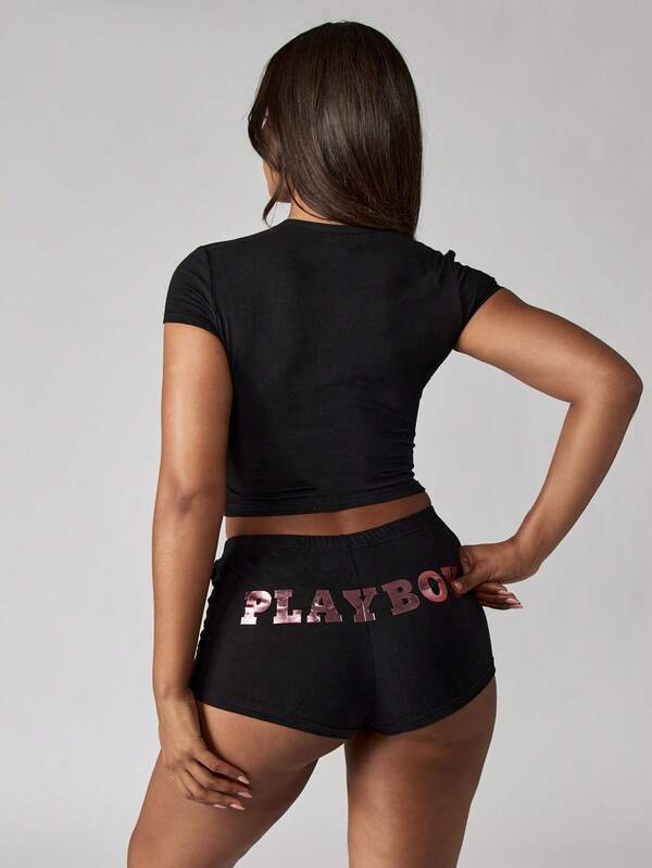 Missguided Missguided X Playboy Metallic Logo Print Fitted Crop Tee With Short Sleeves