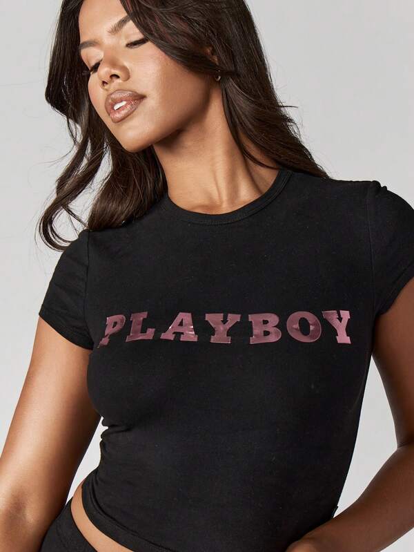 Missguided Missguided X Playboy Metallic Logo Print Fitted Crop Tee With Short Sleeves