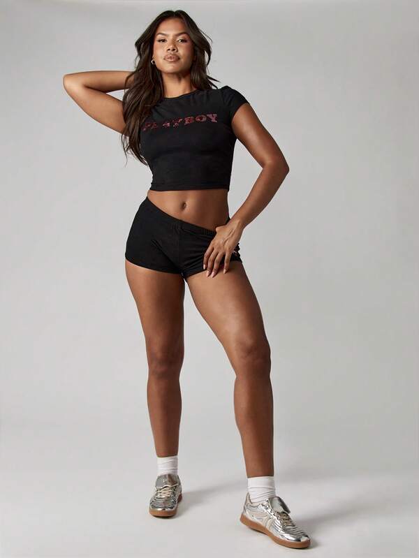 Missguided Missguided X Playboy Metallic Logo Print Fitted Crop Tee With Short Sleeves