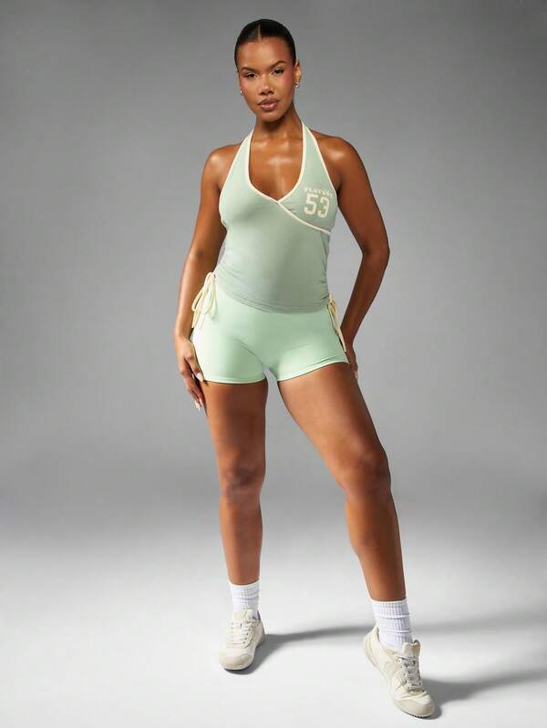 Missguided Missguided X Playboy Mint Green Halter Tank Top With Varsity Number