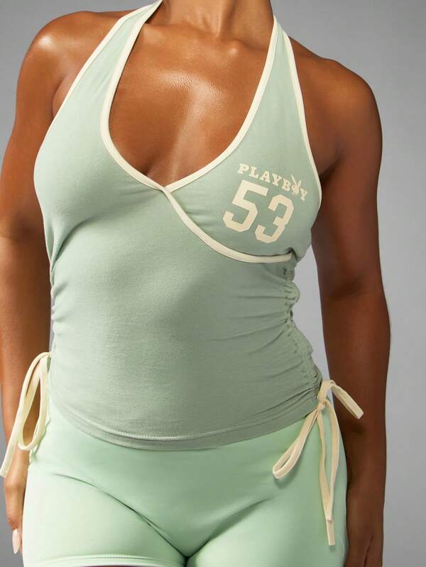 Missguided Missguided X Playboy Mint Green Halter Tank Top With Varsity Number