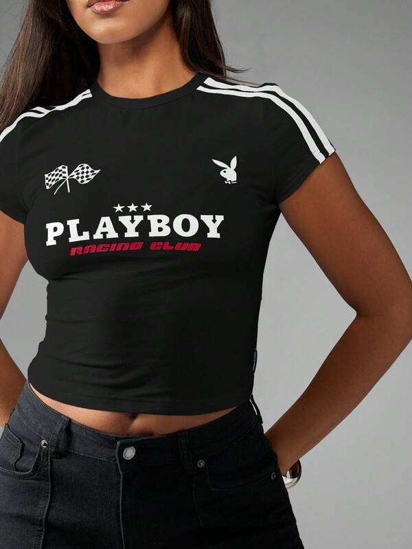 Missguided Missguided X Playboy MISSGUIDED Baby Tee Crop Top With Side Stripes And Racing Flag Logo