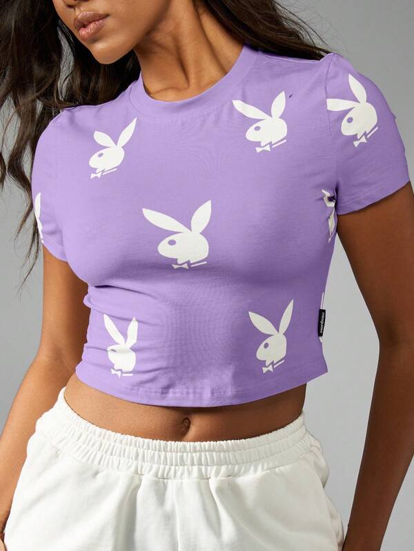 Missguided Missguided X Playboy MISSGUIDED Baby Tee Crop Top With Bunny Print Pattern