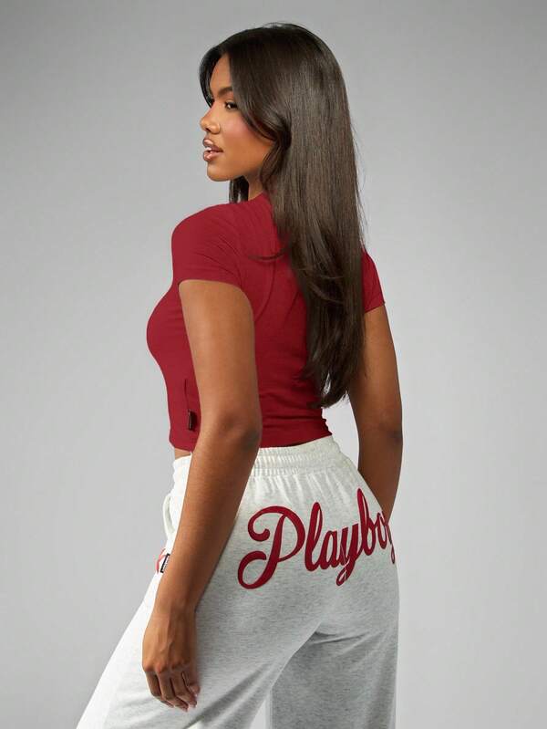 Missguided Missguided X Playboy MISSGUIDED Baby Tee Crop Top With Cherry Embroidery Design