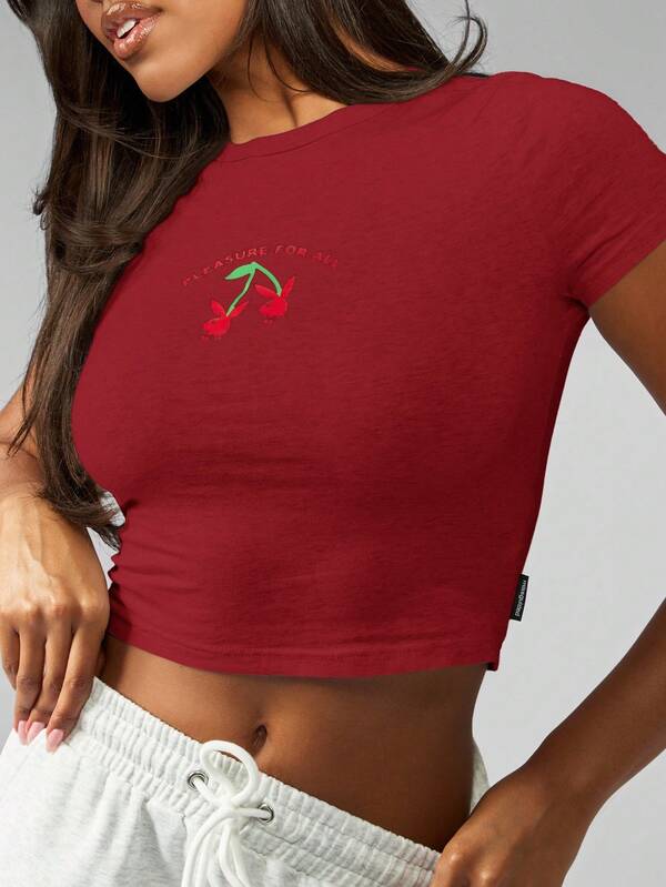 missguided Missguided x Playboy MISSGUIDED Baby Tee Crop Top With Cherry Embroidery Design