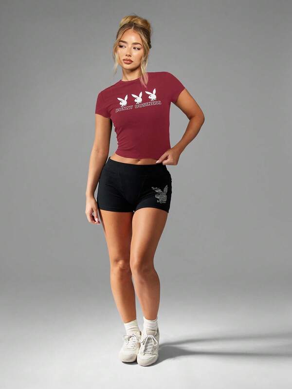 Missguided Missguided X Playboy MISSGUIDED Baby Tee Crop Top With Bunny Print Design
