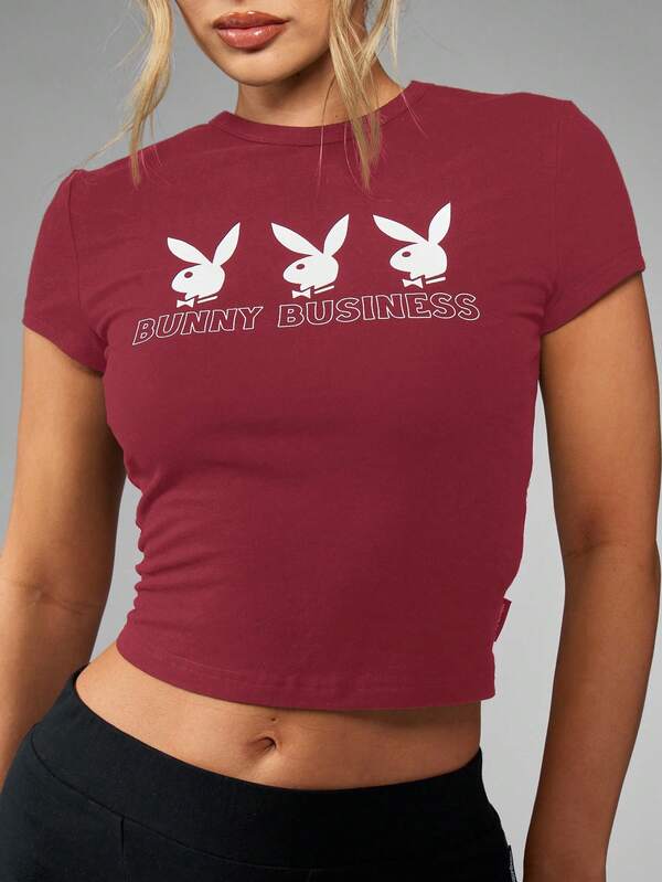 Missguided Missguided X Playboy MISSGUIDED Baby Tee Crop Top With Bunny Print Design