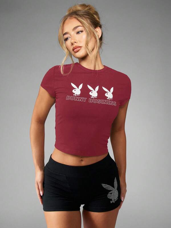 missguided Missguided x Playboy MISSGUIDED Baby Tee Crop Top With Bunny Print Design