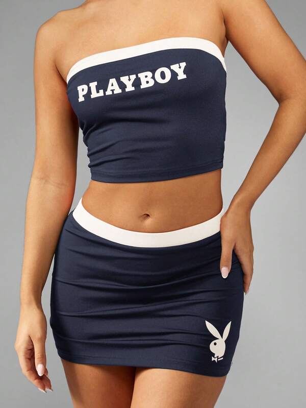 Missguided Missguided X Playboy MISSGUIDED Bandeau Crop Top And Mini Skirt With Contrast Band