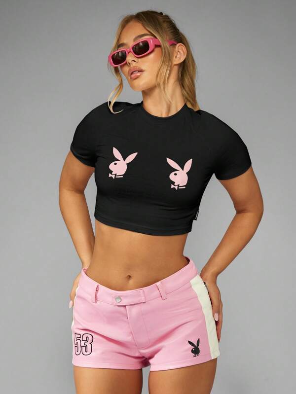 Missguided Missguided X Playboy MISSGUIDED Black Crop T-Shirt With Pink Bunny Logo Print