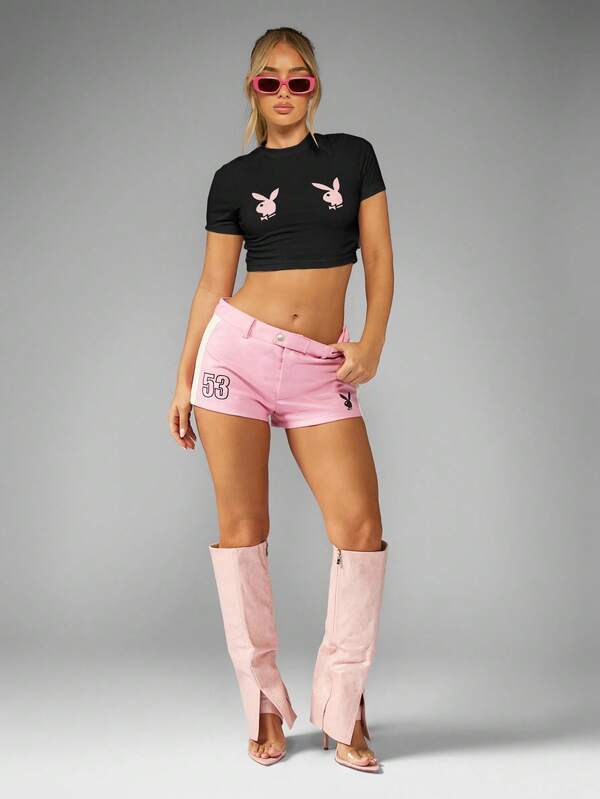 Missguided Missguided X Playboy MISSGUIDED Black Crop T-Shirt With Pink Bunny Logo Print