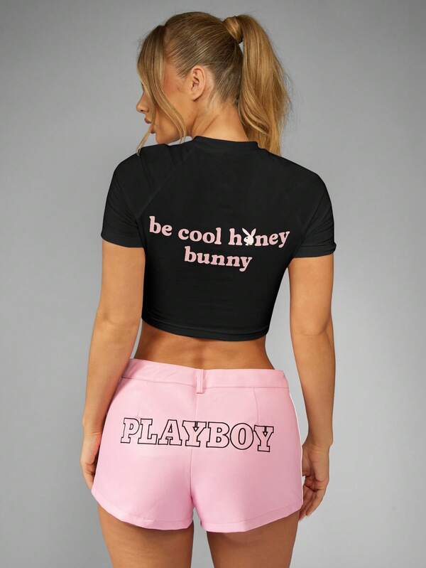 Missguided Missguided X Playboy MISSGUIDED Black Crop T-Shirt With Pink Bunny Logo Print