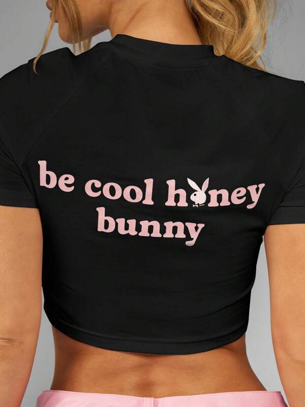 missguided Missguided x Playboy MISSGUIDED Black Crop T-Shirt With Pink Bunny Logo Print