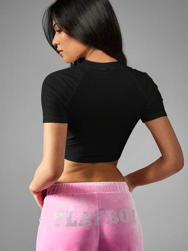 Missguided Missguided X Playboy MISSGUIDED Bunnies At Play Short Sleeve Crop Top