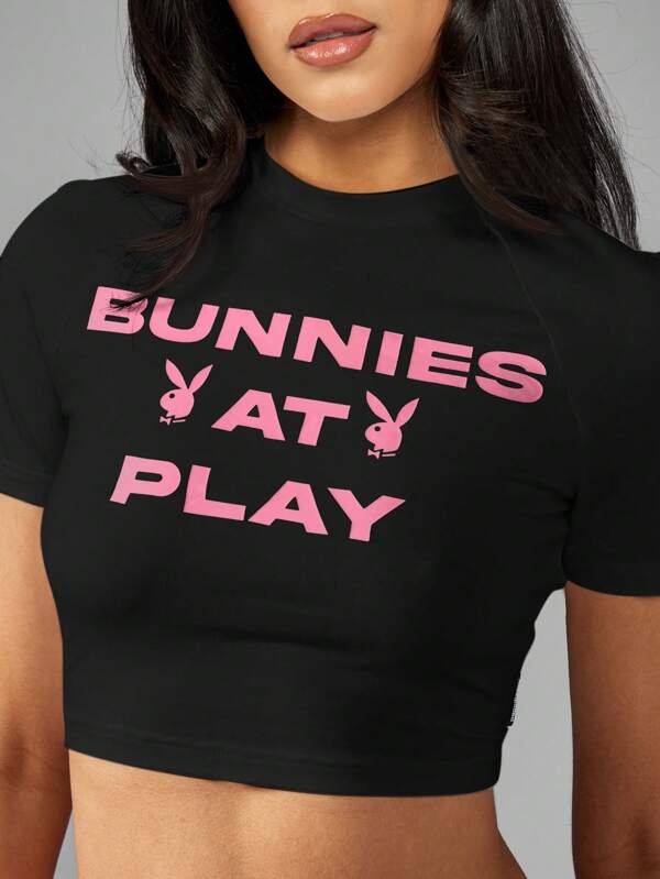 Missguided Missguided X Playboy MISSGUIDED Bunnies At Play Short Sleeve Crop Top