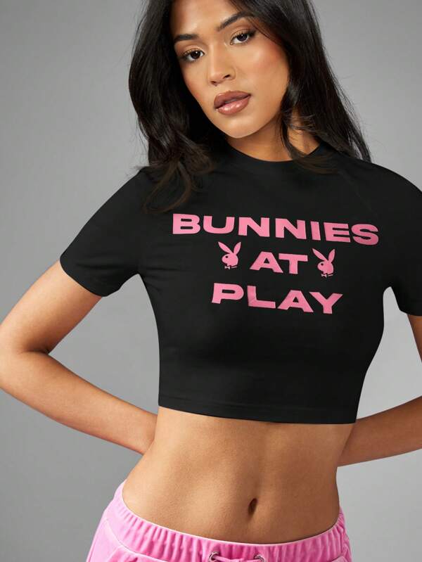 missguided Missguided x Playboy MISSGUIDED Bunnies At Play Short Sleeve Crop Top