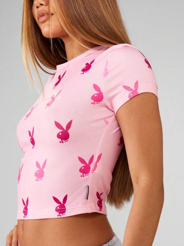 Missguided Missguided X Playboy MISSGUIDED Bunny All Over Print Fitted Tee