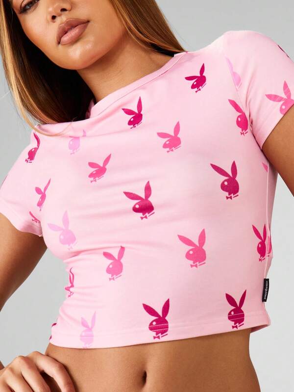 Missguided Missguided X Playboy MISSGUIDED Bunny All Over Print Fitted Tee