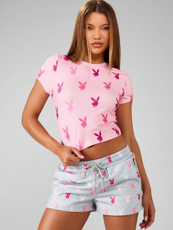 missguided Missguided x Playboy MISSGUIDED Bunny All Over Print Fitted Tee