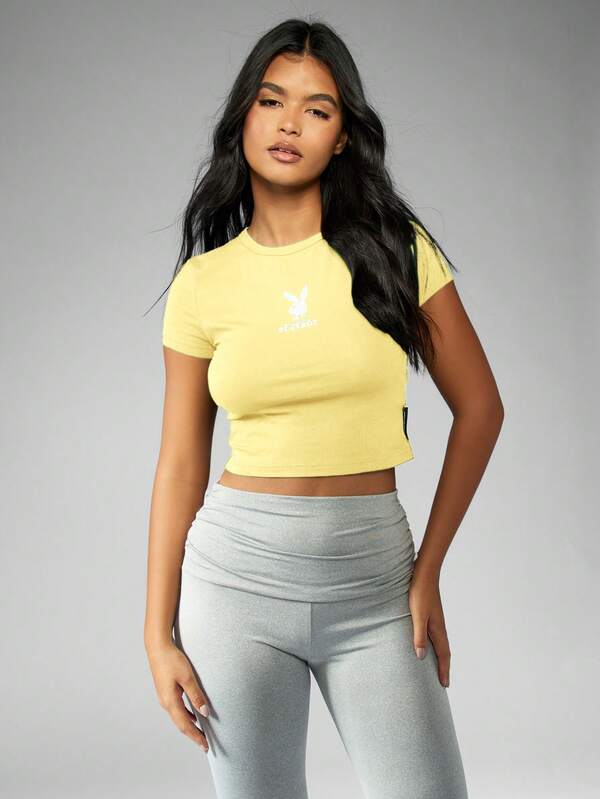 Missguided Missguided X Playboy MISSGUIDED Bunny Crop Top Basic Short Sleeve T Shirt Athleisure Casual