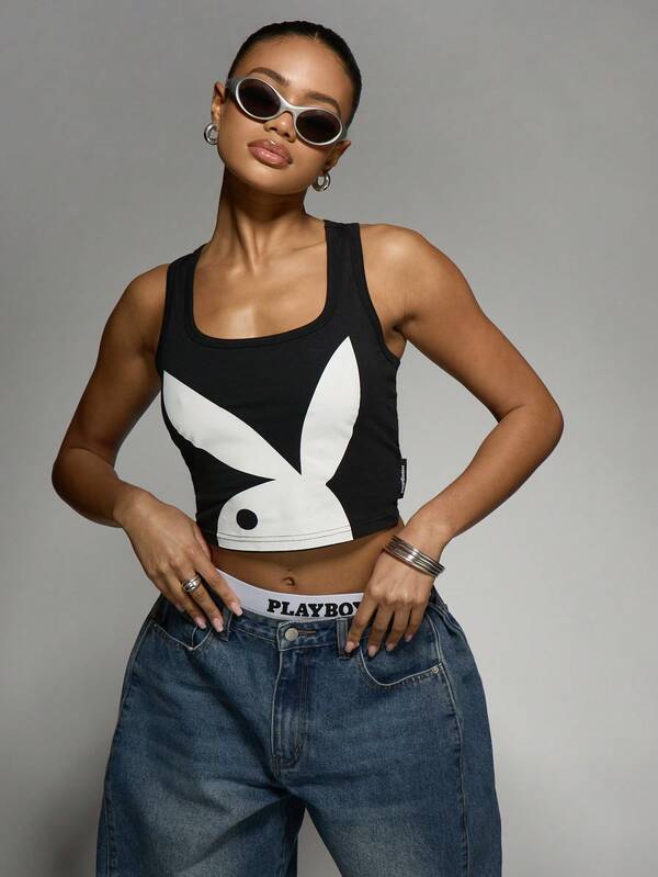 Missguided Missguided X Playboy MISSGUIDED Bunny Logo Crop Tank Top With Scoop Neck