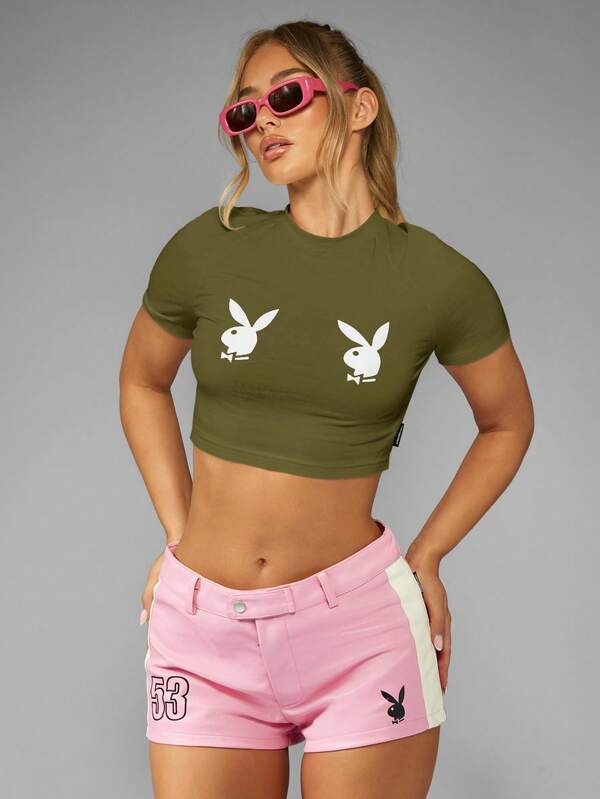 Missguided Missguided X Playboy MISSGUIDED Bunny Logo Print Crop Tee With Back Slogan