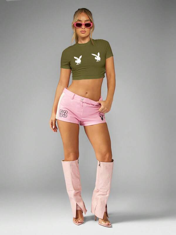 Missguided Missguided X Playboy MISSGUIDED Bunny Logo Print Crop Tee With Back Slogan