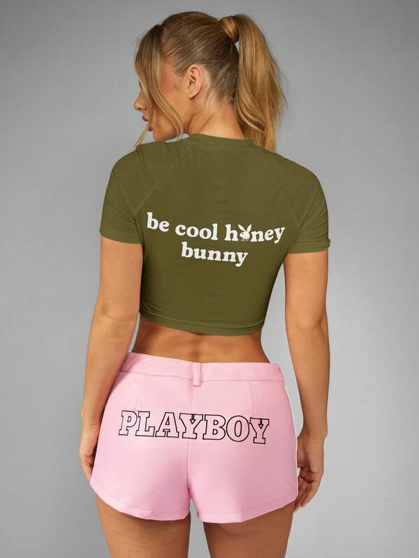 Missguided Missguided X Playboy MISSGUIDED Bunny Logo Print Crop Tee With Back Slogan