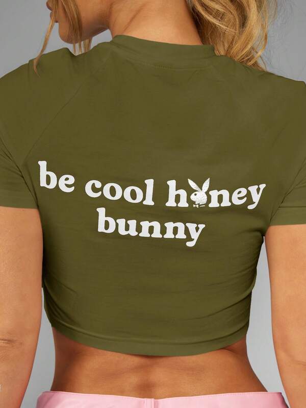 missguided Missguided x Playboy MISSGUIDED Bunny Logo Print Crop Tee With Back Slogan