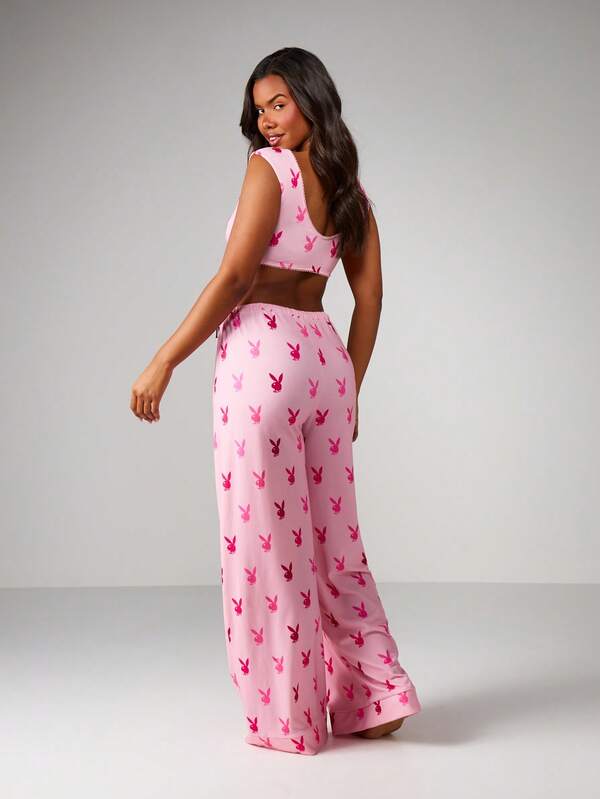 Missguided Missguided X Playboy MISSGUIDED Bunny Print Crop Top With Wide Leg Pajama Set