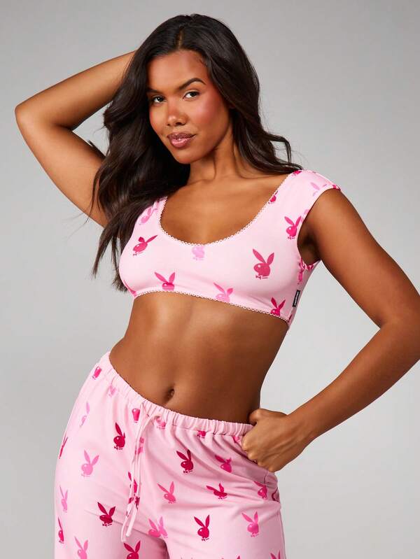 Missguided Missguided X Playboy MISSGUIDED Bunny Print Crop Top With Wide Leg Pajama Set