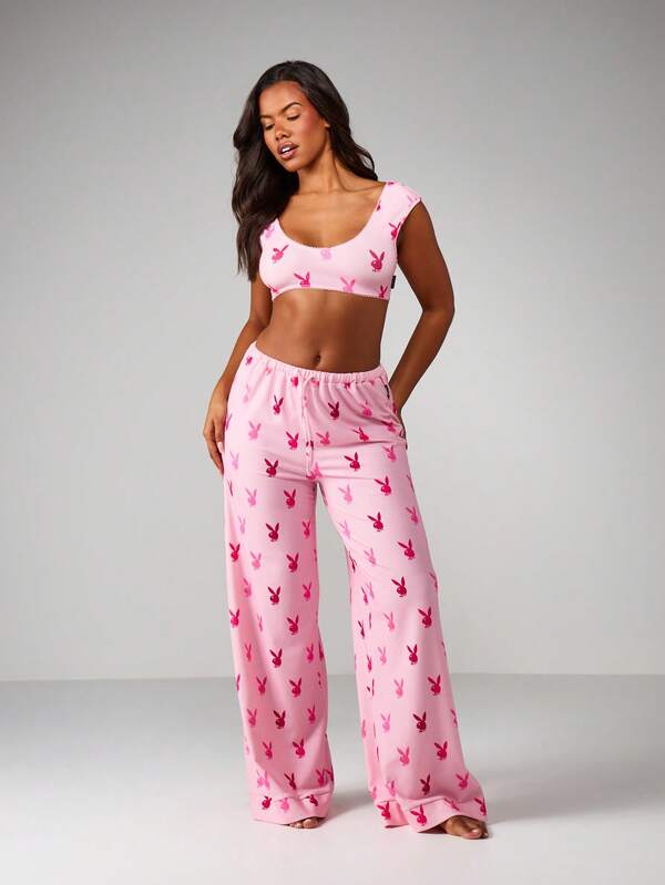missguided Missguided x Playboy MISSGUIDED Bunny Print Crop Top With Wide Leg Pajama Set